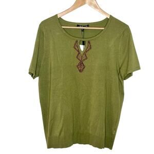 Cable and Gauge Beaded Short Sleeve Knit Top Green Womens Size XL Summer